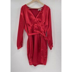 Chetta B Women’s Red Satin Faux Wrap Tie Waist Belted Zip Back Dress Size XL‎
